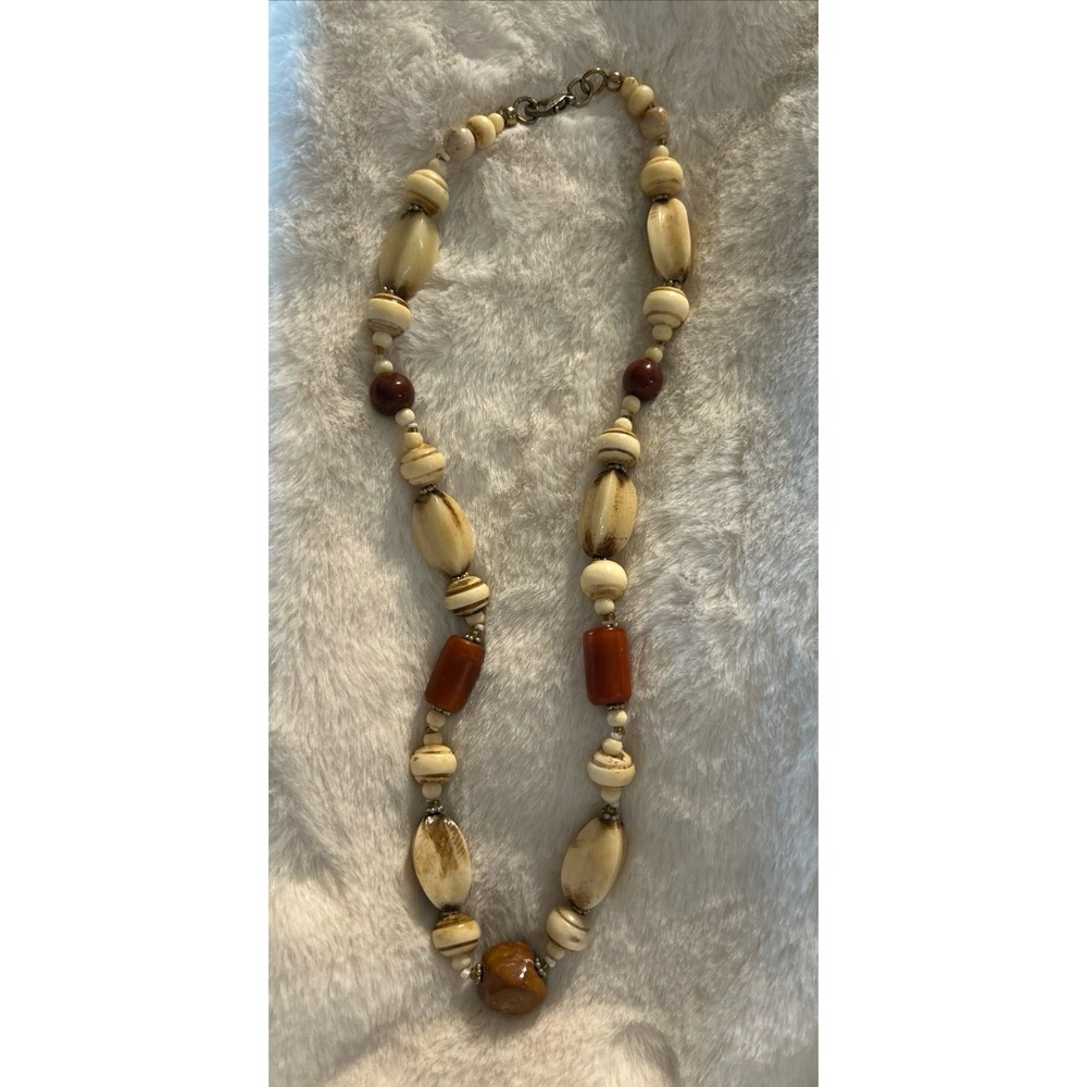 Vintage Beggars Beaded Smooth Gemstone Necklace Bone Colorful Agate Boho Retro